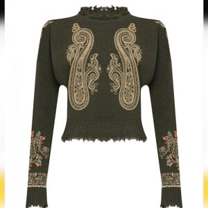 Etro Distressed Padded-Shoulder Embroidered Wool Sweater Green